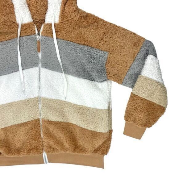 Womens XL Brown/Tan/Gray Stripe Colorblock Zip Front Cuddly Fuzzy Hooded Jacket - Picture 5 of 14